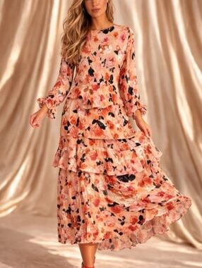 Jaase Tiered Long Sleeve Maxi Dress - Peach Pink